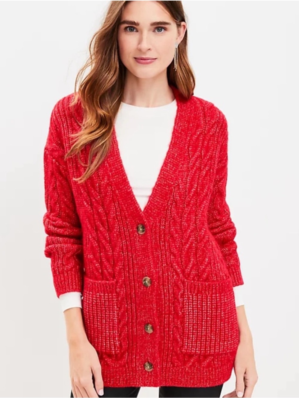 LOFT Red Oversized Cable Knit Button Front Cardigan